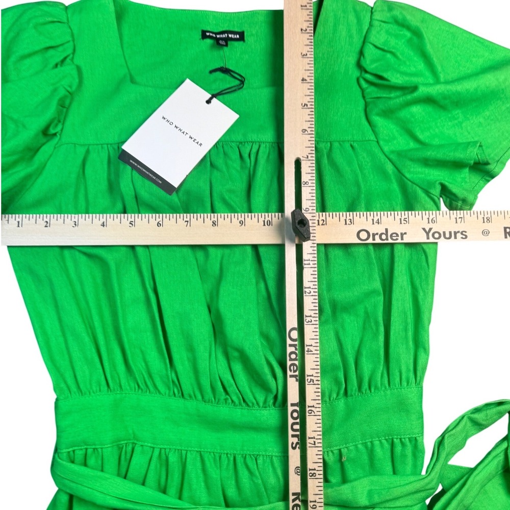 Who What Wear Kelly Green Midi Dress XS Puff Sleeve Tie Waist Square Neck NWT - Picture 4 of 10